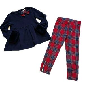 Janie and Jack Navy Top and Red Plaid Leggings Set